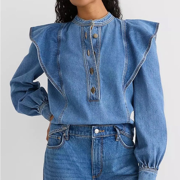 LOFT Tops - LOFT Blue Denim Button-Up Ruffle Top